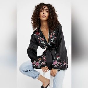Free People Floral Embroidered Satin Kimono